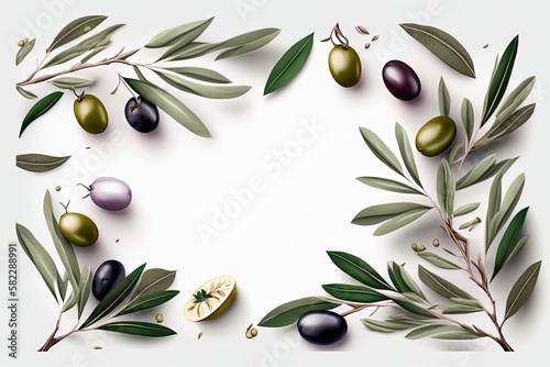 Olive leaves and berries frame on white background with empty space for fresh organic product placement.