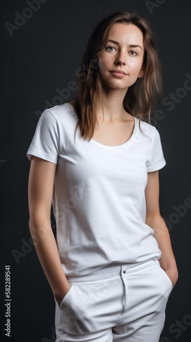 The girl model wears a white t-shirt that serves as a template for a design or mock up. Ai generated illustration.