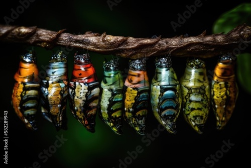 Pupae and cocoons are suspended. Concept transformation of Butterfly. Generative AI photo