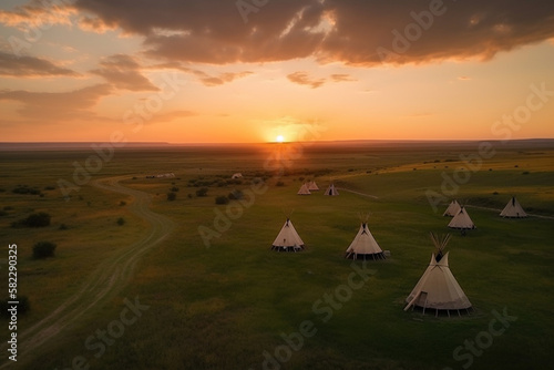 Illustration of an indigenous american tipi village at sunset. Generative AI.
