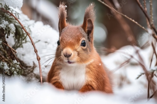 Snowy red squirrel. Generative AI