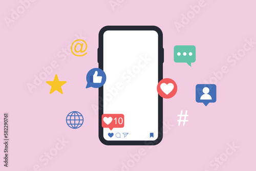 Social media platform, online social communication apps concept, emoji, hearts, chat and graph with smartphone background. Vector illustration