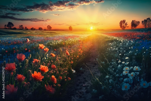 Sunrise on the field with spring flowers