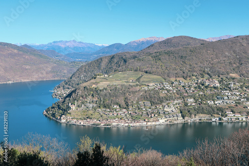 The View to the Lake Lugano and the surrounding Mountains from Serpiano, Ticino, Switzerland