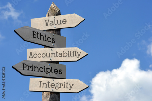 Value, ethics, accountability, principles, integrity - wooden signpost with five arrows, sky with clouds