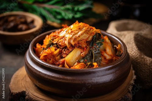 The most well known Korean dish, Kimchi, is served on high quality brass servingware with napa cabbage, leaf mustard, turnip, and leek. looking up. Generative AI