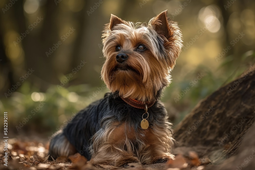 a seated Yorkshire Terrier staring up at the photographer. Generative AI