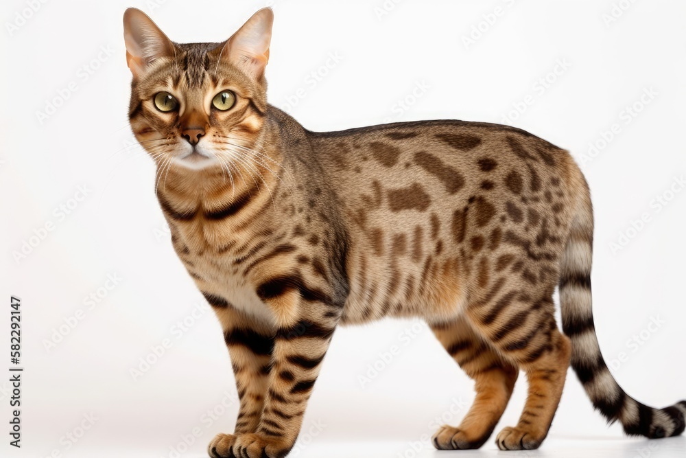 On a white background, a purebred smooth haired cat is depicted standing up. Generative AI On a white background, a purebred smooth haired cat is depicted standing up. Generative AI