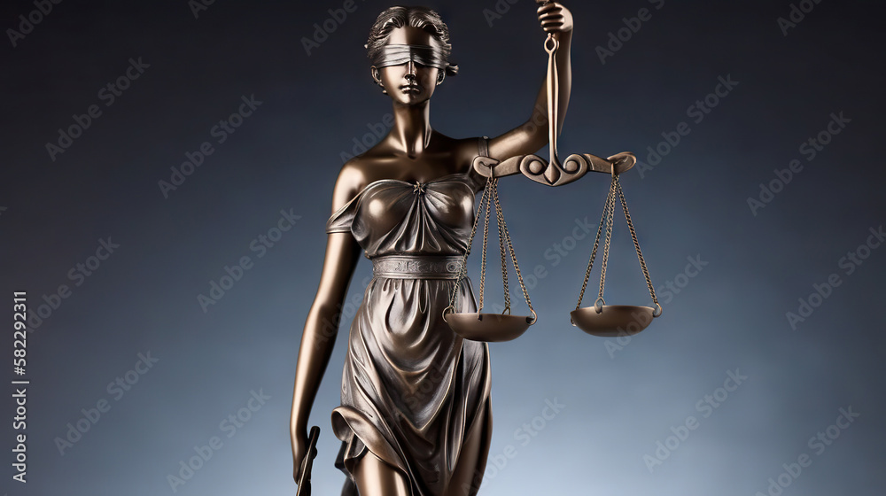 Bronze statue of Themis, Goddess of Justice holding Law Scales. Copy space. Based on Generative AI