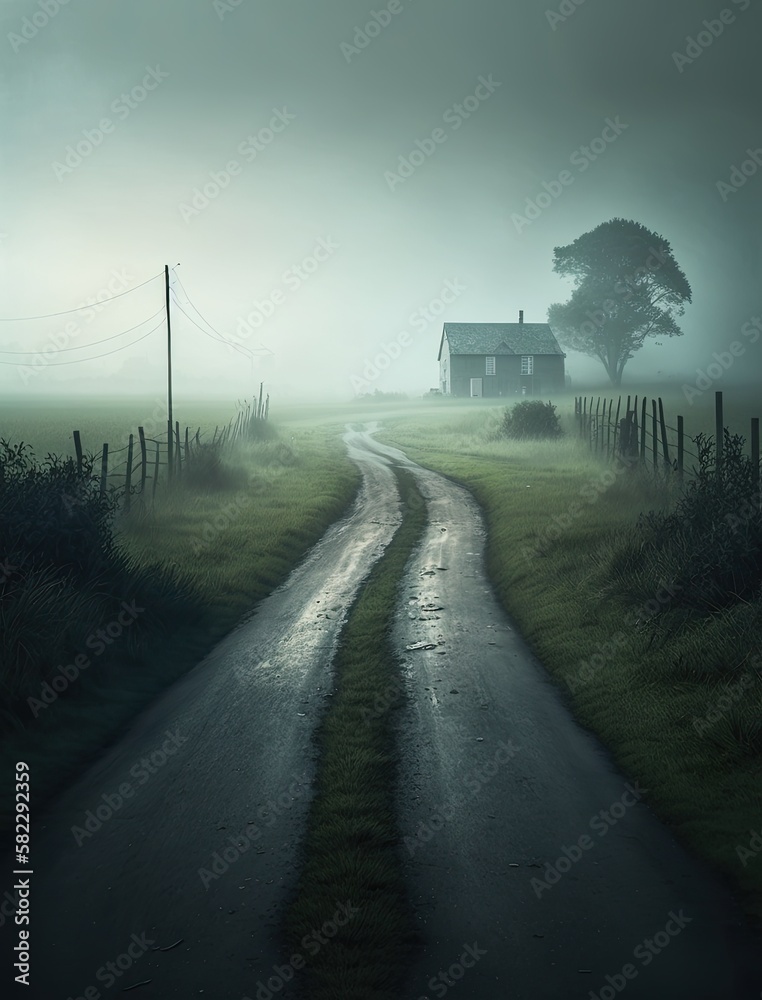 Fototapeta premium Foggy field road, generative ai 