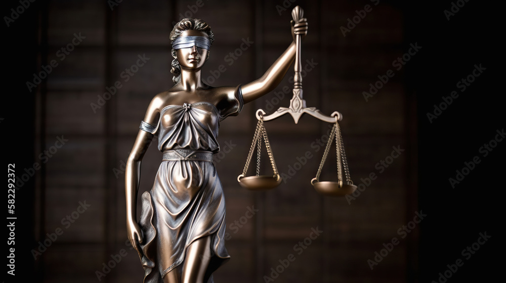 Bronze statue of Themis, Goddess of Justice holding Law Scales. Copy space. Based on Generative AI Bronze statue of Themis, Goddess of Justice holding Law Scales. Copy space. Based on Generative AI