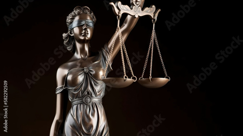 Bronze statue of Themis, Goddess of Justice holding Law Scales. Copy space. Based on Generative AI