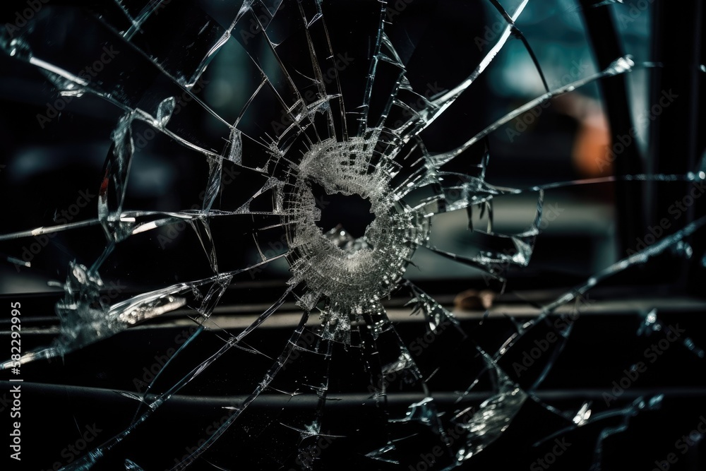 Image of a shattered, fractured window with a bullet hole in the center and a dark background. Glass damage by gunshots, conflict, terrorism, and other threats. Generative AI