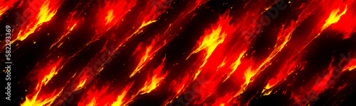 Closeup of fiery red, yellow, and orange flames dancing in black background. Inferno creates texture and abstract design with glowing embers and sparks. Vector