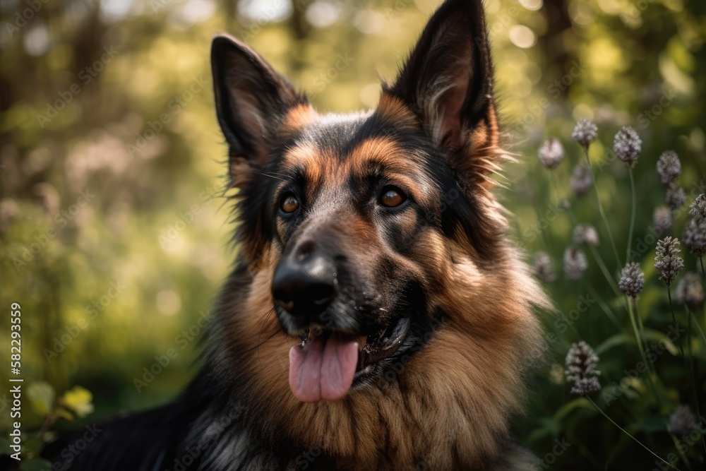 Playing in the garden or meadow is a German shepherd dog in the outdoors. Slovakia. Generative AI Playing in the garden or meadow is a German shepherd dog in the outdoors. Slovakia. Generative AI
