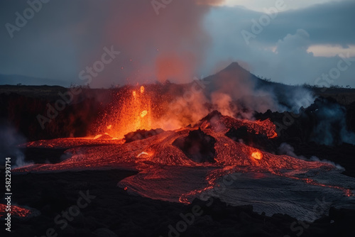 Volcano erupting lava volcan landscape created with AI © thejokercze