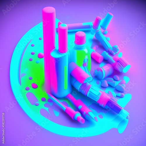 Neon 3D image of a syringe , pop color , design , pop art , color pink blue and purple in paint spots - generative ai