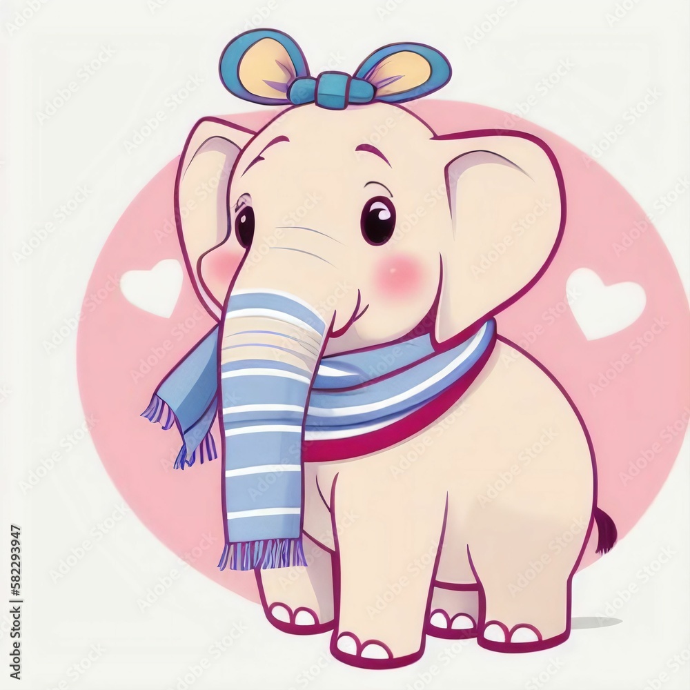 Fototapeta premium a cute painting of a elephant in a scarf on white background, great sticker, ai generated