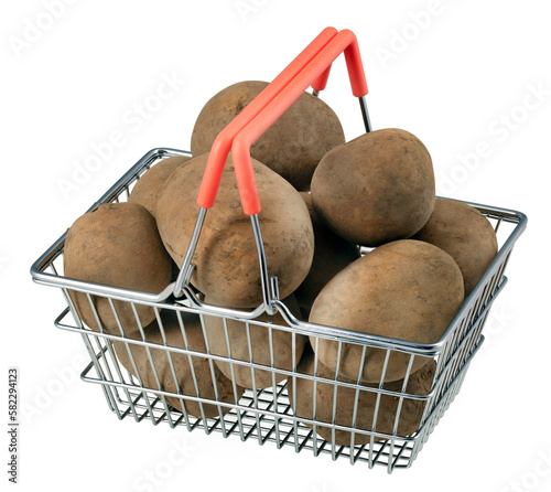 Raw potatoes in the shell placed in a shopping cart on an isolated background.
