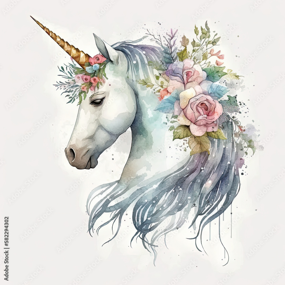 Cute Watercolor Unicorn. Illustration AI  Generative.
