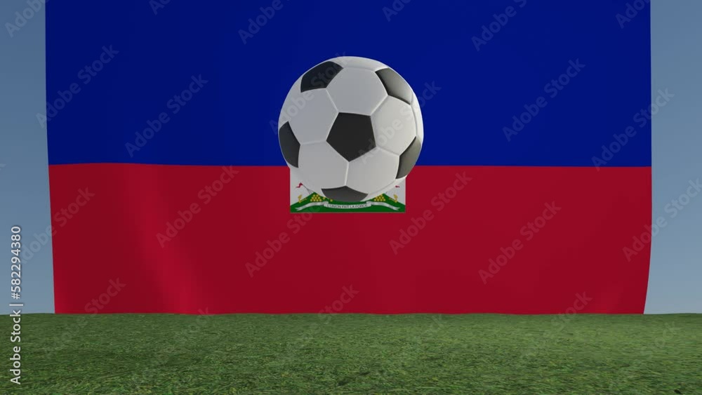 Soccer Football bouncing on grass hits viewer in front of Flag of Haiti Soccer Football bouncing on grass hits viewer in front of Flag of Haiti