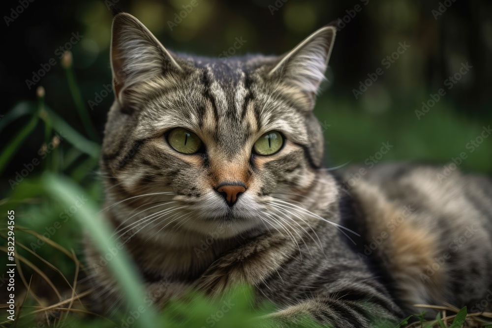 A stunning stray cat is lying in the lush grass and gazing off to the side. copy space, focused only. Generative AI A stunning stray cat is lying in the lush grass and gazing off to the side. copy space, focused only. Generative AI