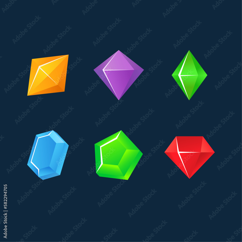Set of colorful game icons. Gems and crystals of various shapes. Vector illustration. Set of colorful game icons. Gems and crystals of various shapes. Vector illustration.