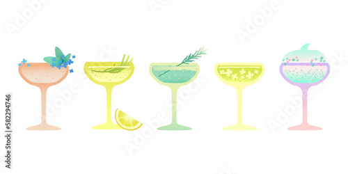 Margarita glass cocktail set. Vector gradient flat illustration with texture. Drinks with berries, mint leaves, citrus and rosemary. Alcohol drinks for bar and events. Refreshing liquid