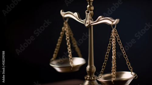 Scales of Justice on dark background. Law concept of Judiciary, Jurisprudence and Justice. Based on Generative AI