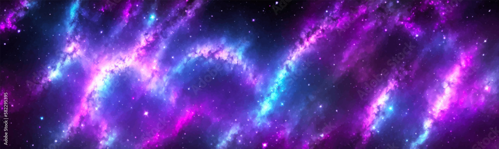 Stunning cosmic background in shades of purple and pink, featuring galaxy and nebula design. Image is perfect for sci fi and space themed designs, as well as print and digital projects. Vector