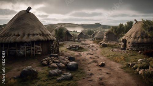 Illustration of a stone age village in northern Europe. Generative AI.