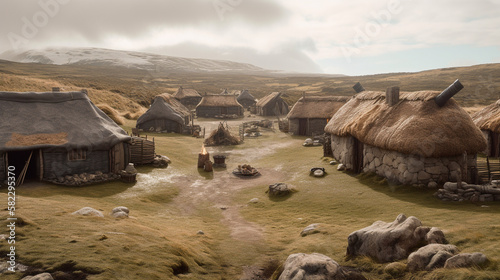 Illustration of a stone age village in northern Europe. Generative AI.