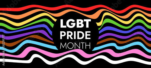 New LGBTQ Pride Flag Vector. 2023 LGBT pride design flag rainbow waves on black background. Banner template for Pride Month celebration design. Human rights or diversity concept.