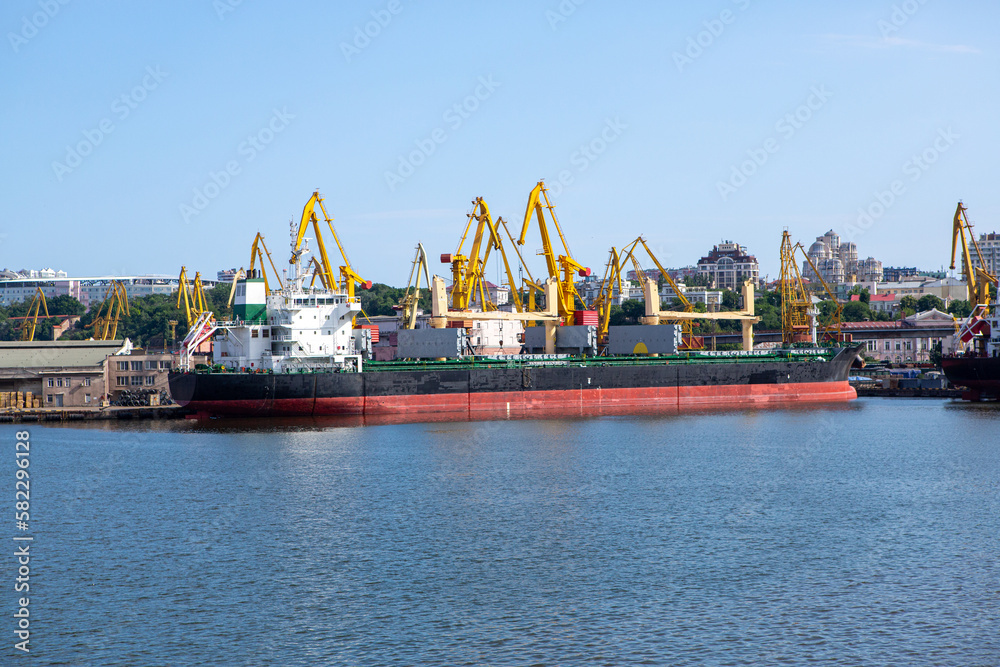 Port terminal of bulk cargo. Bulker vessel at the port terminal