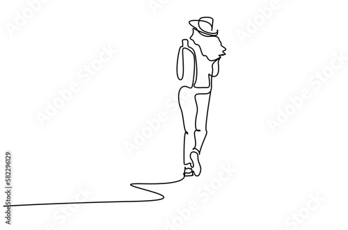 beautiful attractive skinny beautiful woman backpack vacation free freedom walking back behind view