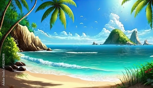 Azure tropical coast beach background with palm trees, blue summer cloud sky landscape of beautiful sea shore beach