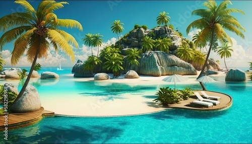 Azure tropical coast beach background with palm trees  blue summer cloud sky landscape of beautiful sea shore beach