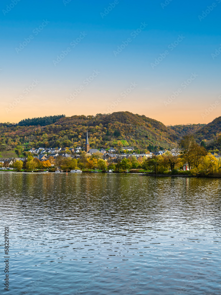 Treis-Karden village on Moselle river during autumn sunset in Cochem-zell district, Germany