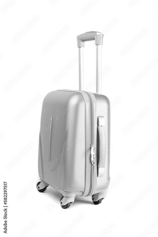 Suitcase isolated on white. Silver travel baggage bag or plastic Suitcase isolated on white. Silver travel baggage bag or plastic