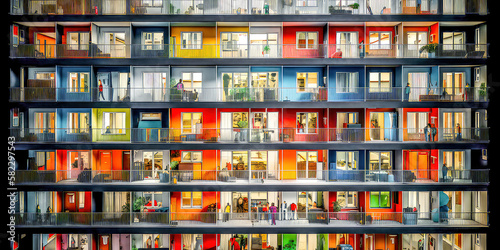 Appartmenthaus Bürohaus Abstrakt Surreal Frontalansicht Horizontal bei Tag Generative AI Digital Art Illustration Kunst Hintergrund Background Cover Kunst 