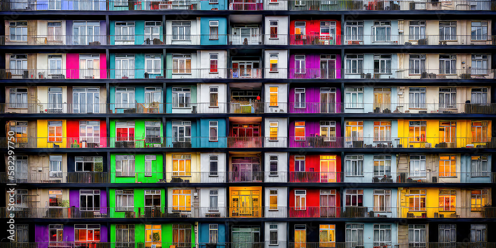 Appartmenthaus Bürohaus Abstrakt Surreal Frontalansicht Horizontal bei Tag Generative AI Digital Art Illustration Kunst Hintergrund Background Cover Kunst	
