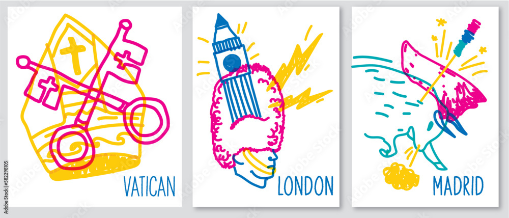 Doodle posters of various symbol cities , Different culture, interesting journey, voyage Doodle posters of various symbol cities , Different culture, interesting journey, voyage