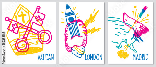 Doodle posters of various symbol cities   Different culture  interesting journey  voyage