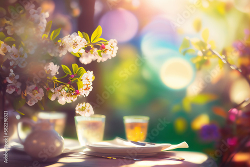Blurred spring Table Blossoms In Sunny Garden.Generative AI