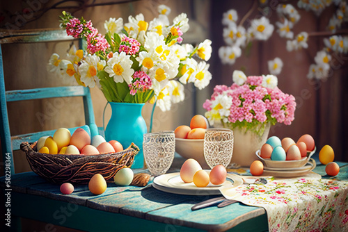 spring Table - coloful eggs, Blossoms In Sunny Garden.Generative AI