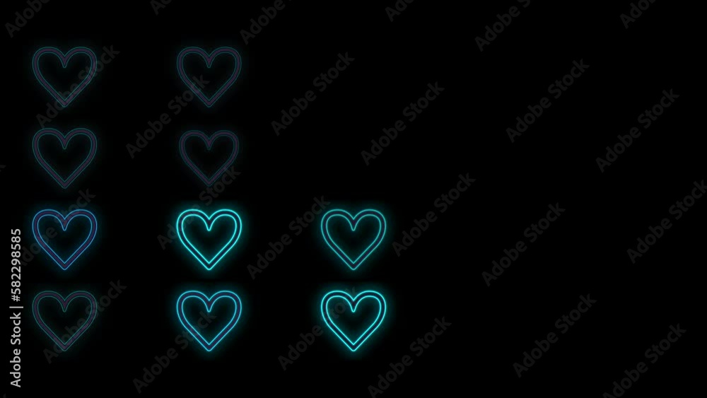 Pulsing neon romantic hearts in rows on black gradient, motion abstract disco, club and party style background Pulsing neon romantic hearts in rows on black gradient, motion abstract disco, club and party style background