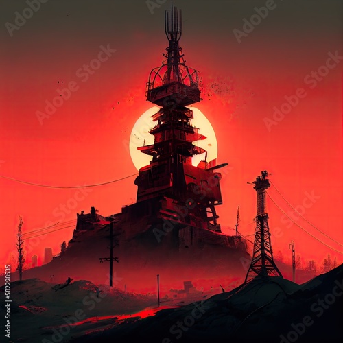 tower among red sun setting in west postapocalyptic city, created with generative ai photo