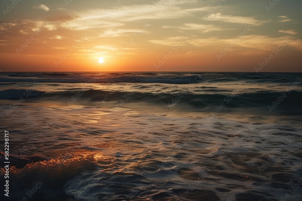 Ocean sea horizon a seascape and a skyscape. Soft sand, a sunset sky that is orange and golden, serenity, peaceful sunlight, and a summertime mood. Beautiful natural scenery with a vast horizon of sky