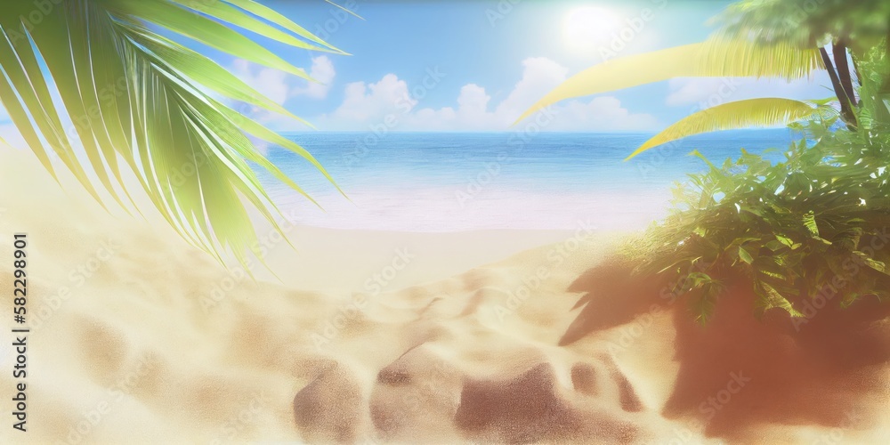 Tropical background with sea and palm trees. Summer sea background, blue ocean, sandy beach, light blue sky. ai generative Tropical background with sea and palm trees. Summer sea background, blue ocean, sandy beach, light blue sky. ai generative