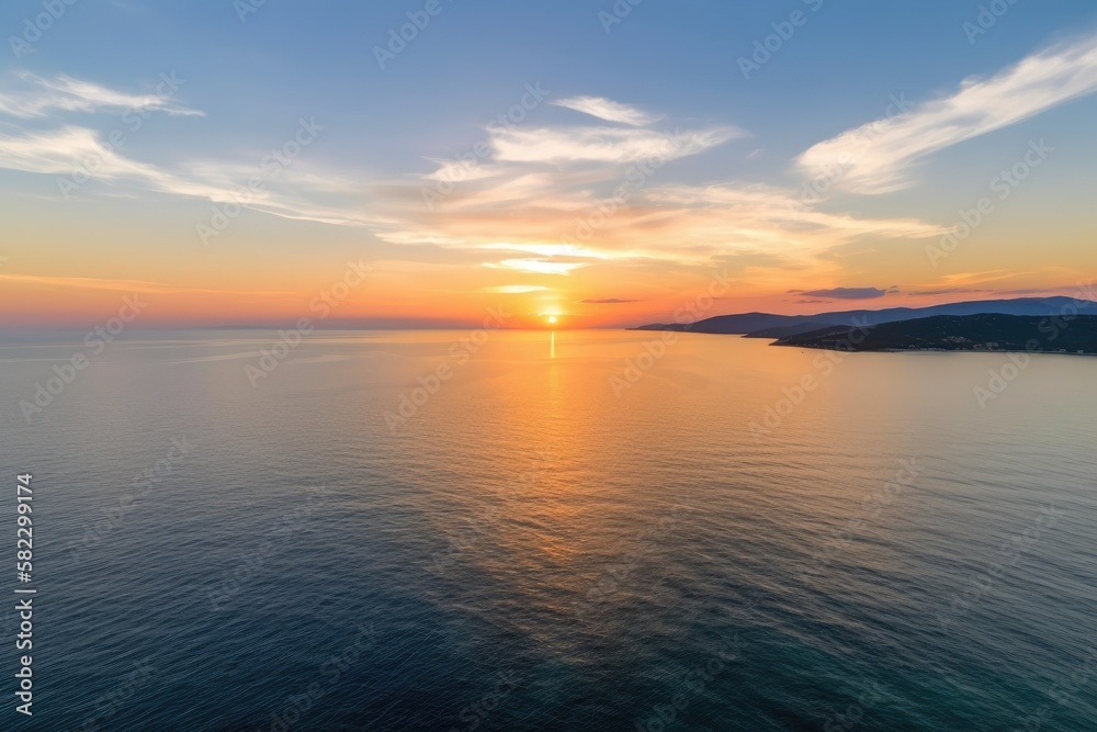 Fototapeta premium aerial panorama of a calm ocean at sunrise. Aegean Sea at sunset with dramatic scenery. A cloudy sky is framed by orange and blue hues. Greece's Chalkidiki. Generative AI
